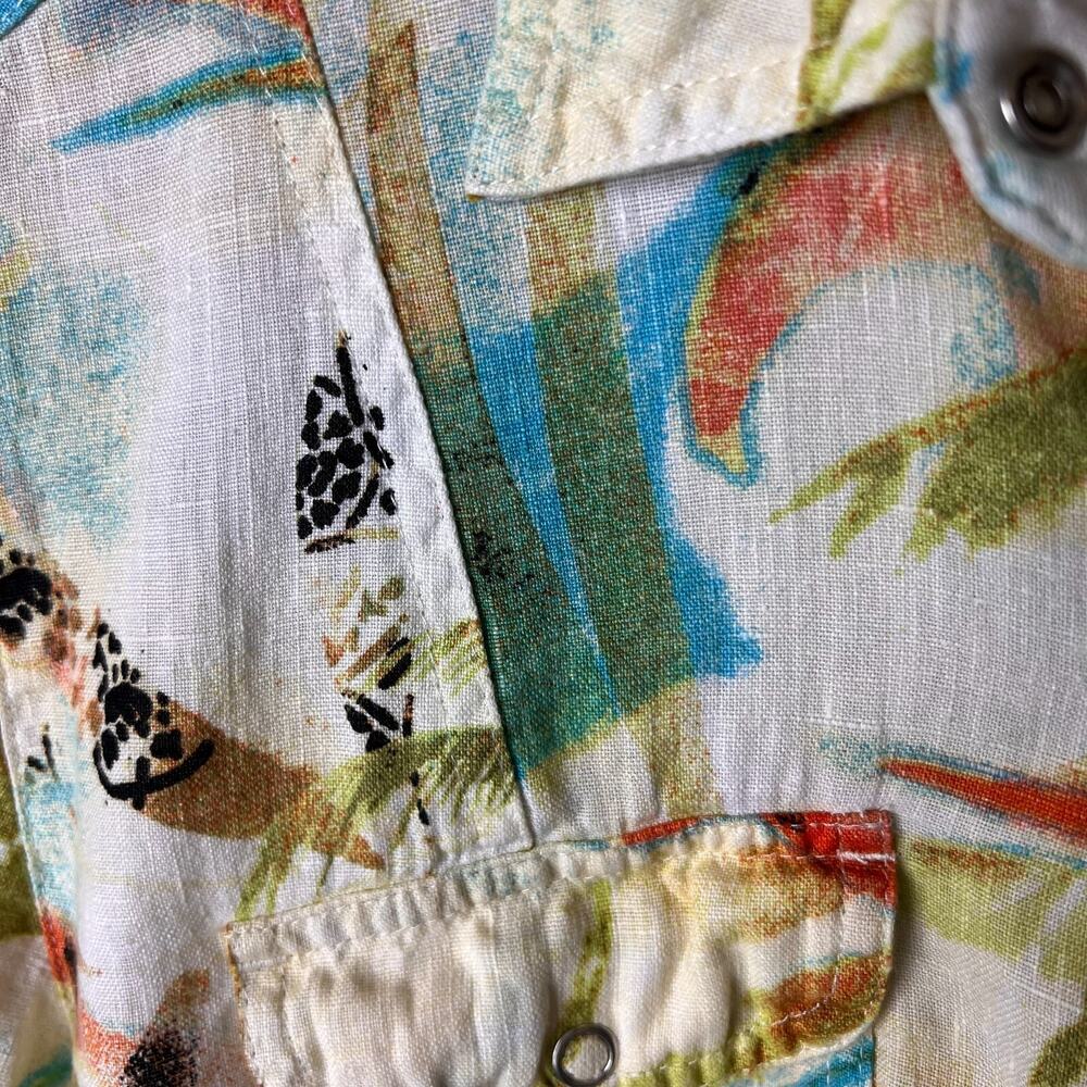 Chicos Shirt Size 1/M Tropical Paradise Print 100% Linen Snap Down Long Sleeve - Picture 9 of 16